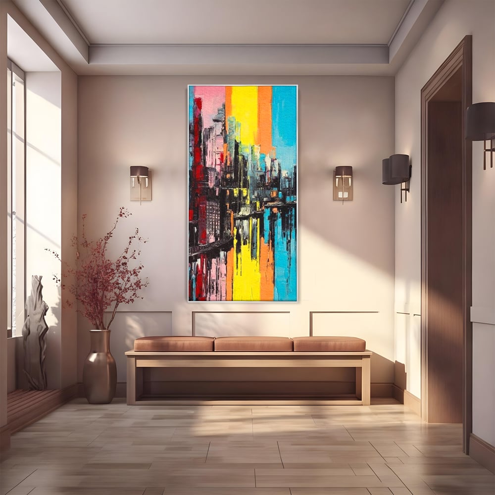 Tablou canvas cu tablou abstract cu cladiri si reflexii, in rama de aluminiu argintiu